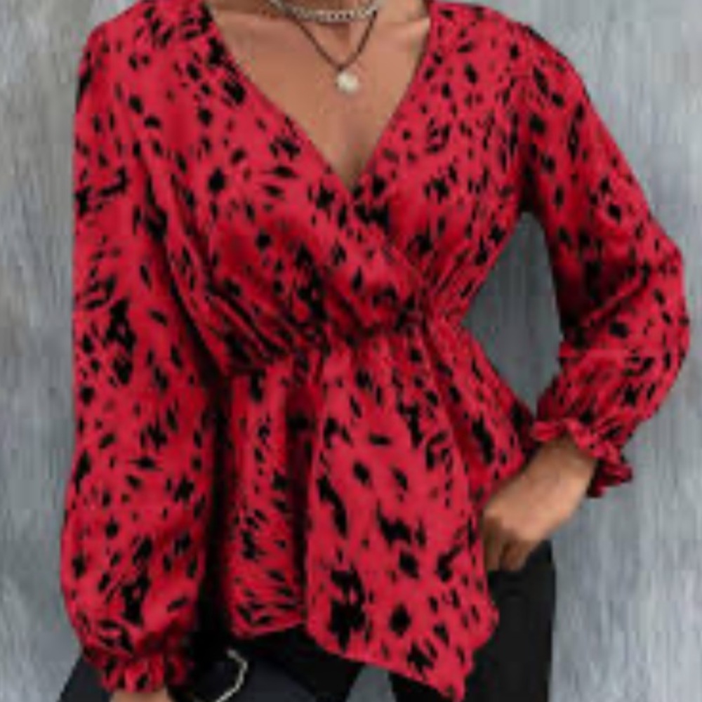 SALE Shein Blouse Red Black Animal Print Top Surplice V Neck Long Sleeve 0XL